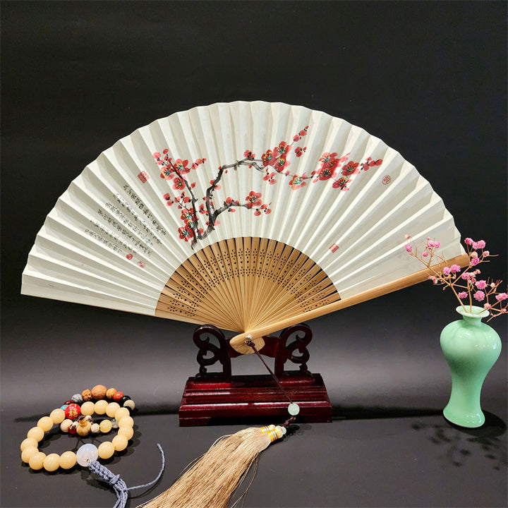 Buddha Stones A Panorama Of Rivers And Mountains Cranes Orchid Flower Paper Bamboo Handheld Silk Bamboo Folding Fan 22cm - Red Flowers 22cm - image 15