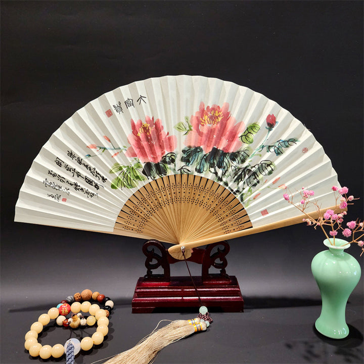 Buddha Stones A Panorama Of Rivers And Mountains Cranes Orchid Flower Paper Bamboo Handheld Silk Bamboo Folding Fan 22cm - Peony Flower 22cm - image 16