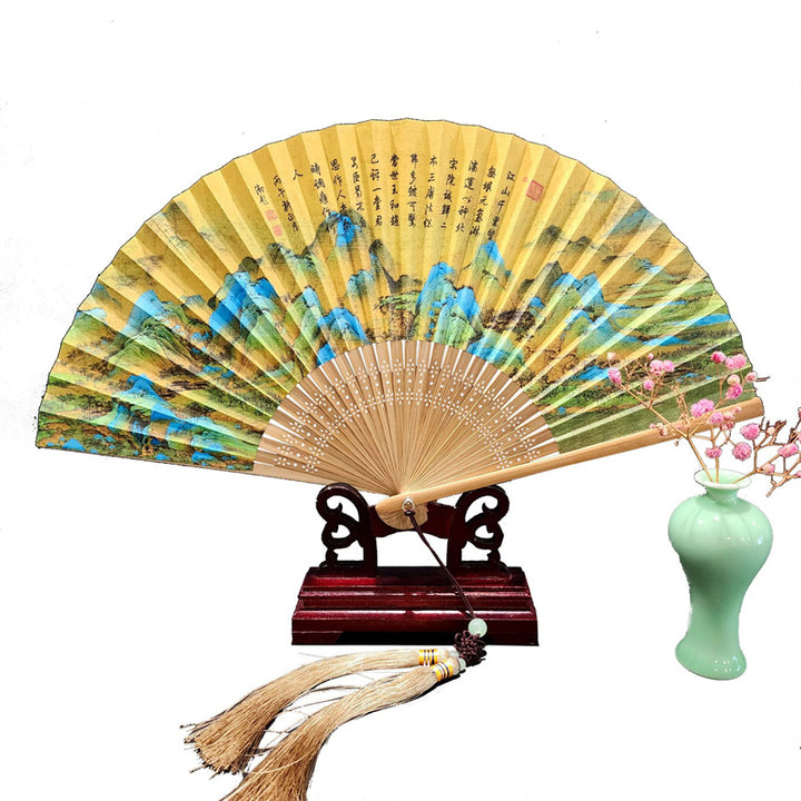 Buddha Stones A Panorama Of Rivers And Mountains Cranes Orchid Flower Paper Bamboo Handheld Silk Bamboo Folding Fan 22cm - image 1