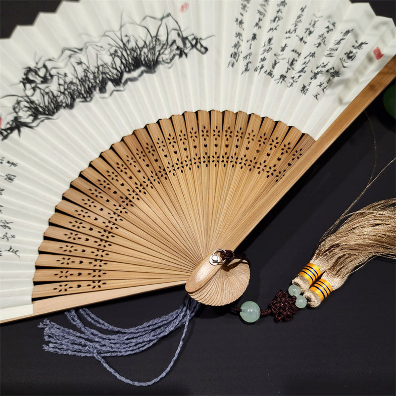 Buddha Stones A Panorama Of Rivers And Mountains Cranes Orchid Flower Paper Bamboo Handheld Silk Bamboo Folding Fan 22cm - image 4