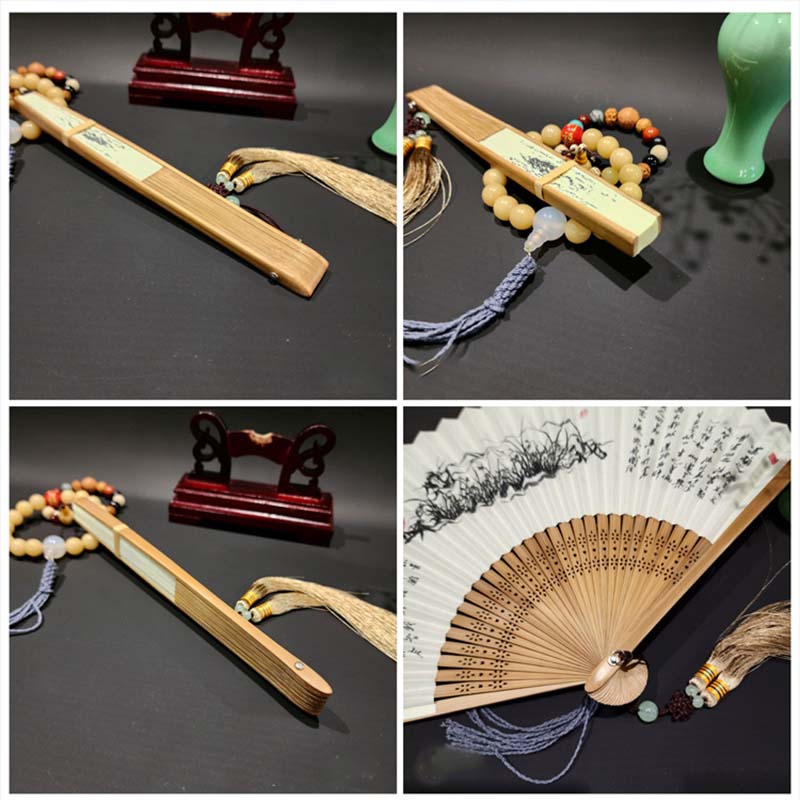 Buddha Stones A Panorama Of Rivers And Mountains Cranes Orchid Flower Paper Bamboo Handheld Silk Bamboo Folding Fan 22cm - image 7
