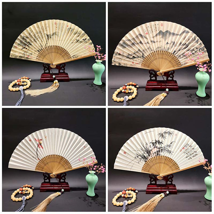 Buddha Stones A Panorama Of Rivers And Mountains Cranes Orchid Flower Paper Bamboo Handheld Silk Bamboo Folding Fan 22cm - image 18