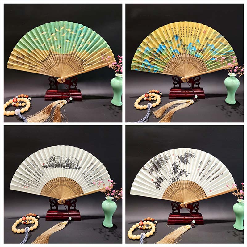 Buddha Stones A Panorama Of Rivers And Mountains Cranes Orchid Flower Paper Bamboo Handheld Silk Bamboo Folding Fan 22cm - image 19