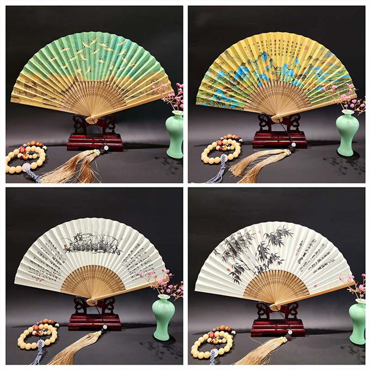 Buddha Stones A Panorama Of Rivers And Mountains Cranes Orchid Flower Paper Bamboo Handheld Silk Bamboo Folding Fan 22cm - image 19