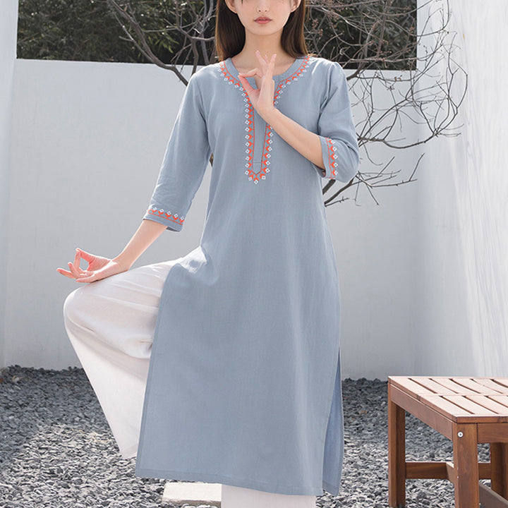 Buddha Stones 2Pcs V-neck Embroidery Yoga Clothing Zen Meditation Cotton Linen Top Pants Women's Set - Blue Top&White Pants - US12，UK/AU16，EU44 (2XL)  - image 5