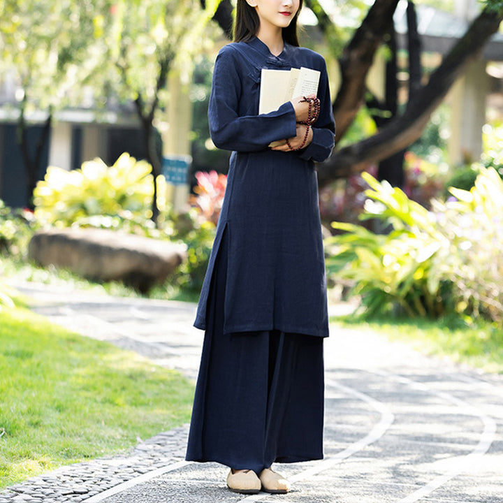 Buddha Stones 2Pcs Plain Long Sleeve Zen Yoga Clothing Meditation Clothing Top Pants Women's Set - Navy Blue (Top&Pants) - US8-10，UK/AU12-14，EU40-42 (2XL) - image 10