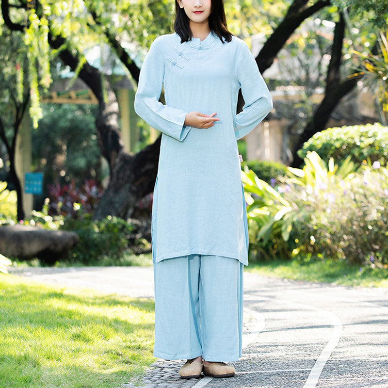 Buddha Stones 2Pcs Plain Long Sleeve Zen Yoga Clothing Meditation Clothing Top Pants Women's Set - Blue (Top&Pants) - US8-10，UK/AU12-14，EU40-42 (2XL) - image 9