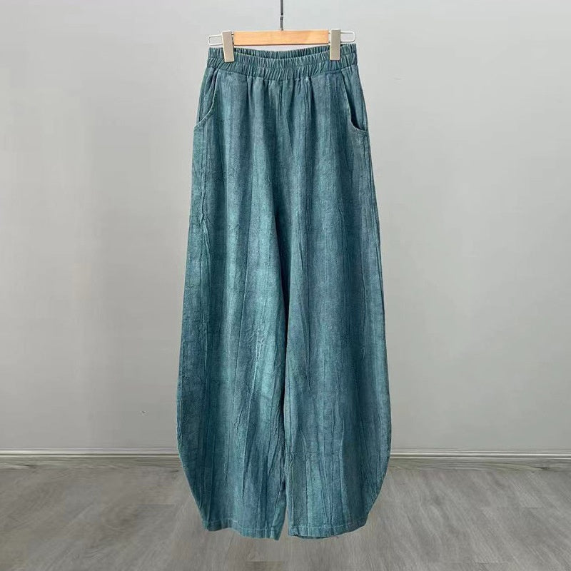 Buddha Stones Ramie Cotton Linen Pants Tie-dye Design Trousers Loose Zen Yoga Women's Pants with Pockets - Cyan(Fleece Lined) - US8-10，UK/AU12-14，EU40-42 (L)  - image 15