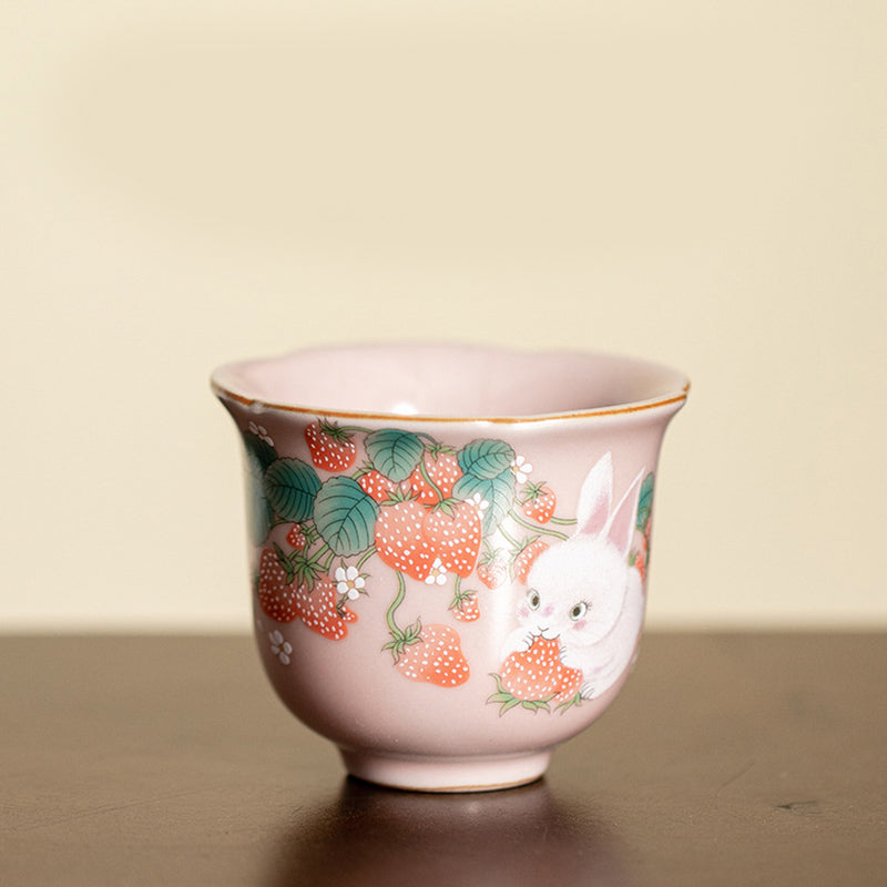 Buddha Stones Cute Strawberry Rabbit Flower Ceramic Teacup Kung Fu Tea Cup 55ml - Strawberry Rabbit 5.3cm*5cm*55ml - image 2