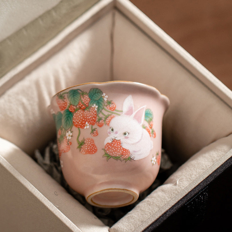 Buddha Stones Cute Strawberry Rabbit Flower Ceramic Teacup Kung Fu Tea Cup 55ml - Strawberry Rabbit 5.3cm*5cm*55ml(Gift Box) - image 0