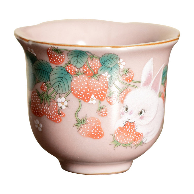 Buddha Stones Cute Strawberry Rabbit Flower Ceramic Teacup Kung Fu Tea Cup 55ml - image 16