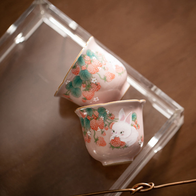 Buddha Stones Cute Strawberry Rabbit Flower Ceramic Teacup Kung Fu Tea Cup 55ml - image 4