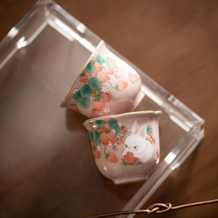 Buddha Stones Cute Strawberry Rabbit Flower Ceramic Teacup Kung Fu Tea Cup 55ml - image 4