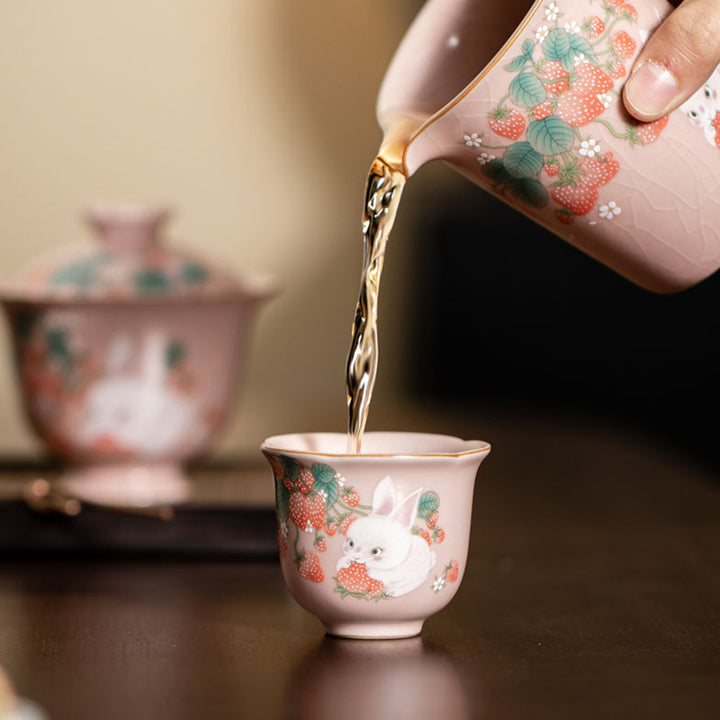 Buddha Stones Cute Strawberry Rabbit Flower Ceramic Teacup Kung Fu Tea Cup 55ml - image 10