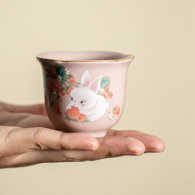 Buddha Stones Cute Strawberry Rabbit Flower Ceramic Teacup Kung Fu Tea Cup 55ml - image 8