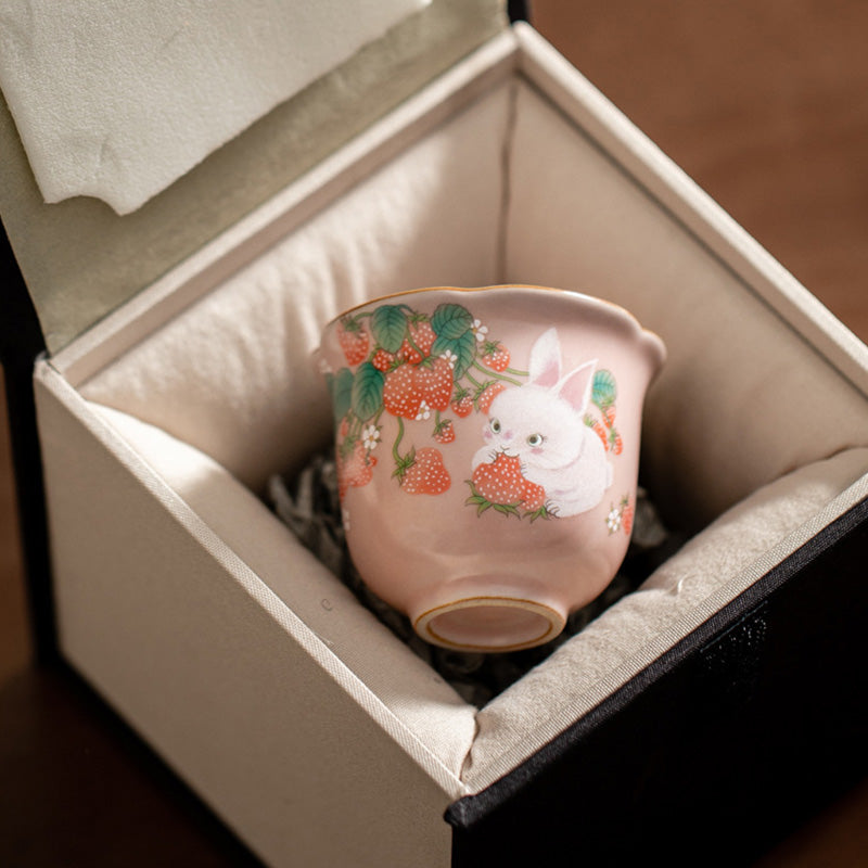 Buddha Stones Cute Strawberry Rabbit Flower Ceramic Teacup Kung Fu Tea Cup 55ml - image 1