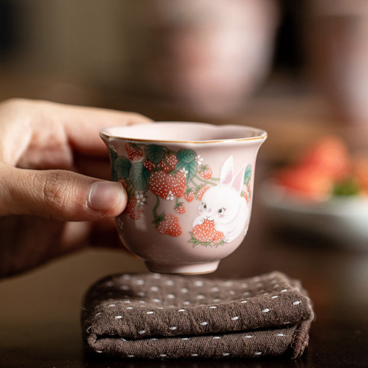 Buddha Stones Cute Strawberry Rabbit Flower Ceramic Teacup Kung Fu Tea Cup 55ml - image 9