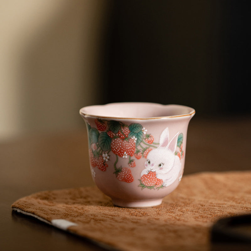 Buddha Stones Cute Strawberry Rabbit Flower Ceramic Teacup Kung Fu Tea Cup 55ml - image 3