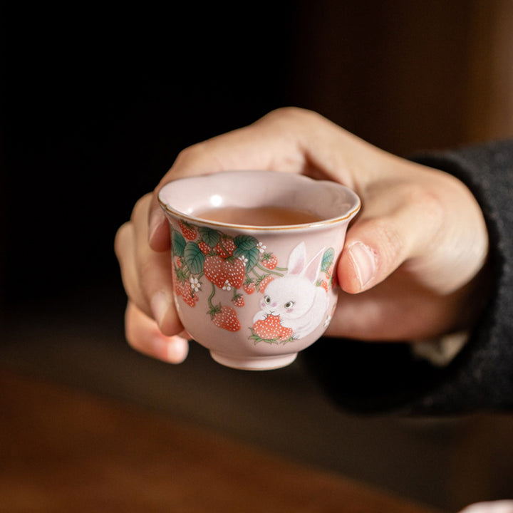 Buddha Stones Cute Strawberry Rabbit Flower Ceramic Teacup Kung Fu Tea Cup 55ml - image 11