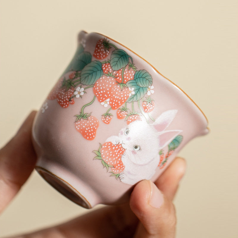 Buddha Stones Cute Strawberry Rabbit Flower Ceramic Teacup Kung Fu Tea Cup 55ml - image 5