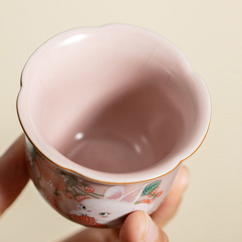 Buddha Stones Cute Strawberry Rabbit Flower Ceramic Teacup Kung Fu Tea Cup 55ml - image 6