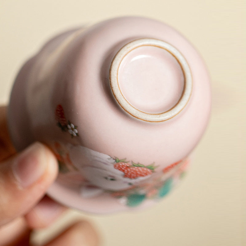 Buddha Stones Cute Strawberry Rabbit Flower Ceramic Teacup Kung Fu Tea Cup 55ml - image 7