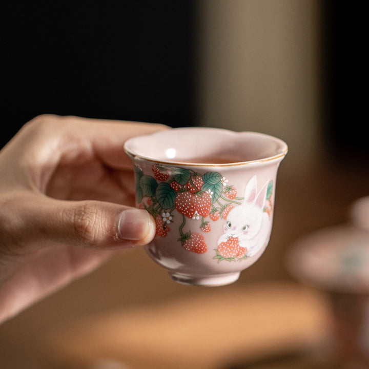 Buddha Stones Cute Strawberry Rabbit Flower Ceramic Teacup Kung Fu Tea Cup 55ml - image 12