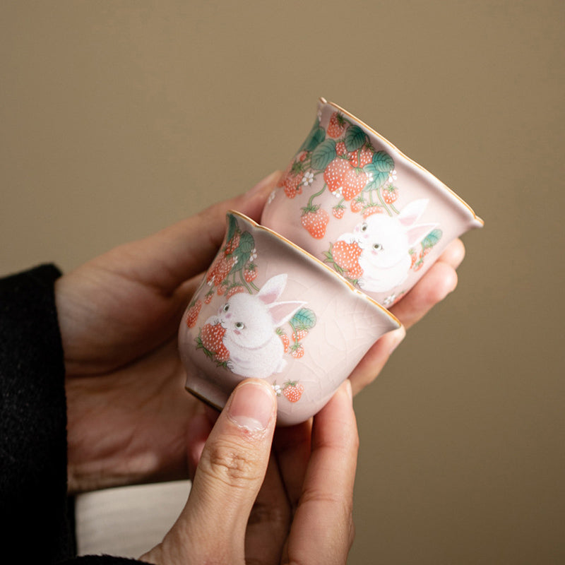 Buddha Stones Cute Strawberry Rabbit Flower Ceramic Teacup Kung Fu Tea Cup 55ml - image 13