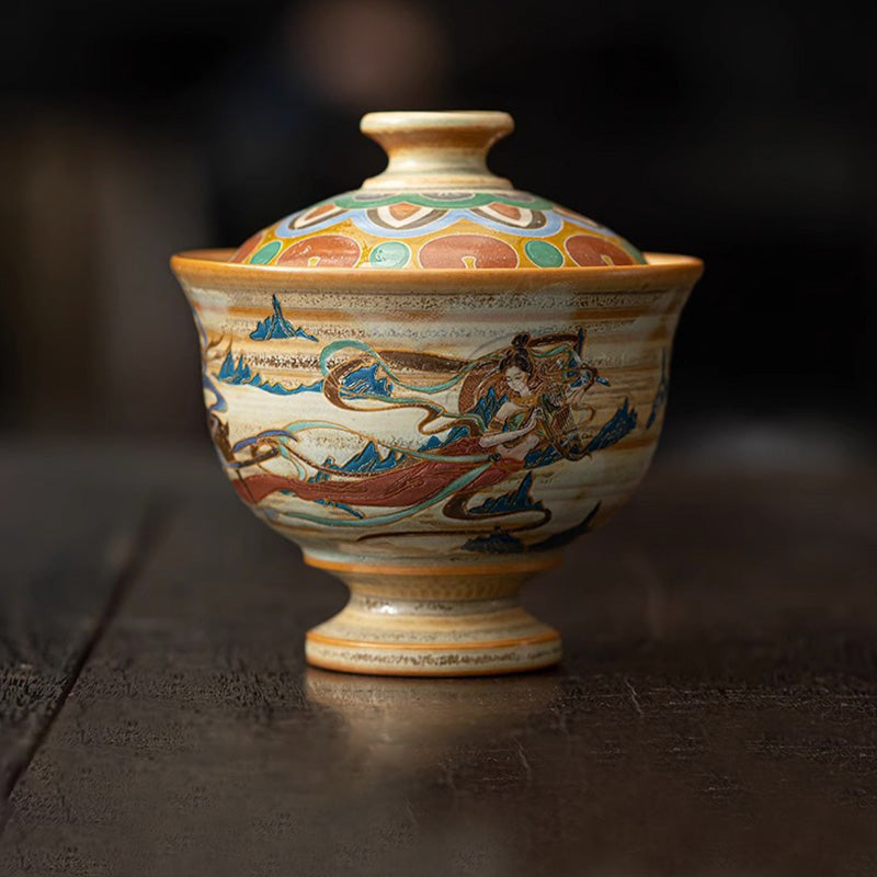 Buddha Stones Dunhuang Flying Apsaras Ceramic Gaiwan Sancai Teacup Kung Fu Tea Cup With Lid - image 1