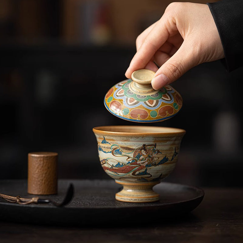 Buddha Stones Dunhuang Flying Apsaras Ceramic Gaiwan Sancai Teacup Kung Fu Tea Cup With Lid - Dunhuang Flying Apsaras Gaiwan Teacup  8.8cm*9cm*150ml - image 0