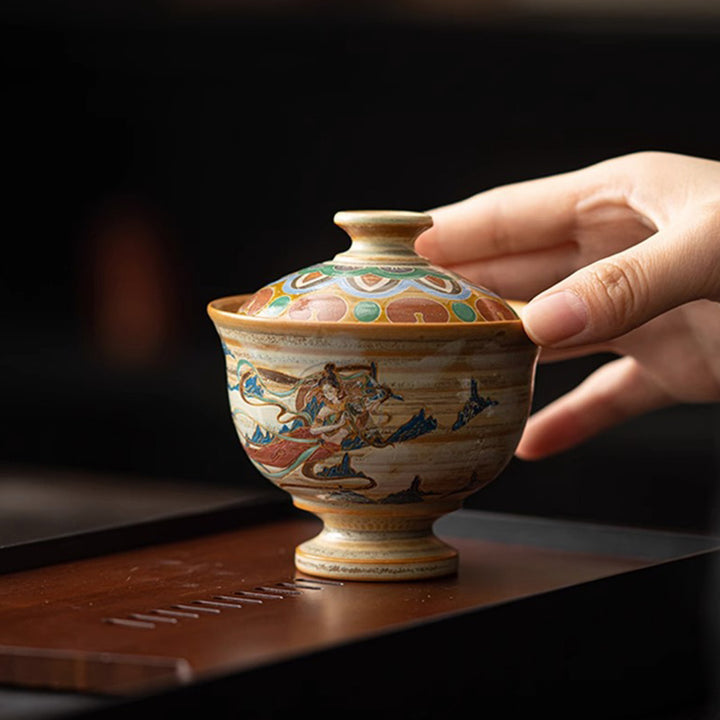 Buddha Stones Dunhuang Flying Apsaras Ceramic Gaiwan Sancai Teacup Kung Fu Tea Cup With Lid - image 2