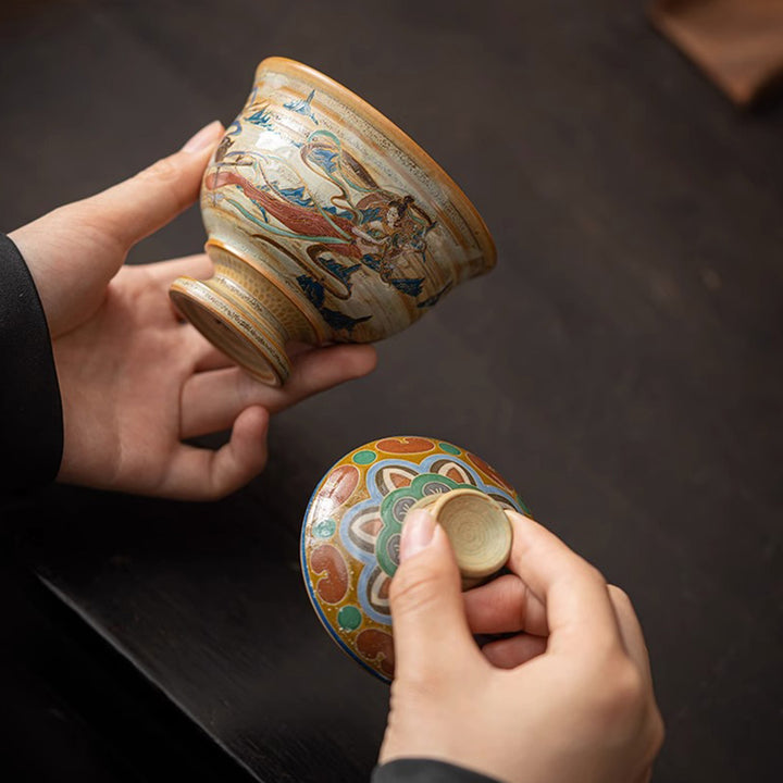 Buddha Stones Dunhuang Flying Apsaras Ceramic Gaiwan Sancai Teacup Kung Fu Tea Cup With Lid - image 3