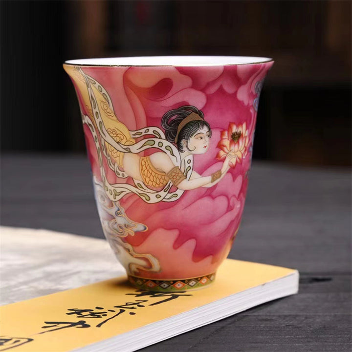 Buddha Stones Dunhuang Color Flying Apsaras Teacup Kung Fu Tea Cup - Dunhuang Flying Apsaras Pink 6.7cm*7.2cm*100ml - image 10