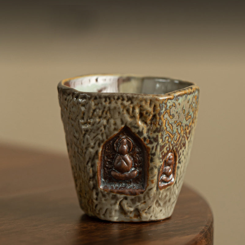 Buddha Stones Vintage Dunhuang Color Buddha Engraved Teacup Kung Fu Tea Cup - Dunhuang 5.5cm*5.1cm*60ml - image 1