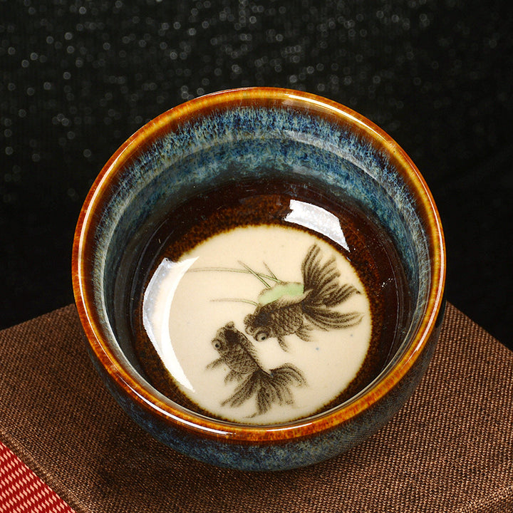Buddha Stones Lotus Dragon Phoenix Koi Fish Chinese Jianzhan Ceramic Teacup Kung Fu Tea Cup 110ml - Blue - Koi Fish 8cm*4.3cm*110ml - image 6