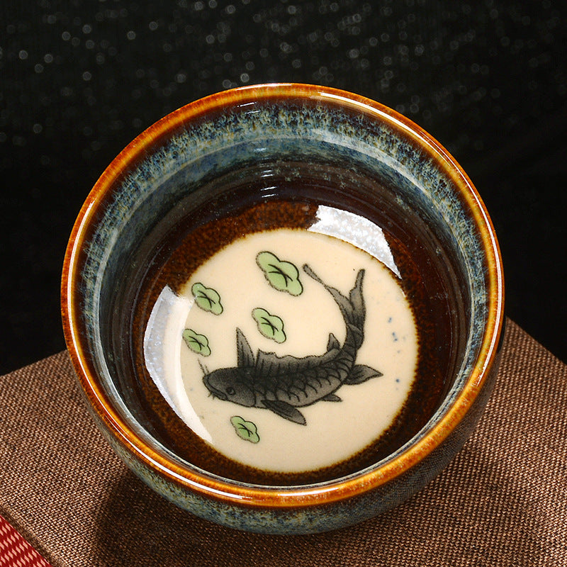 Buddha Stones Lotus Dragon Phoenix Koi Fish Chinese Jianzhan Ceramic Teacup Kung Fu Tea Cup 110ml - Blue - Fish 8cm*4.3cm*110ml - image 7
