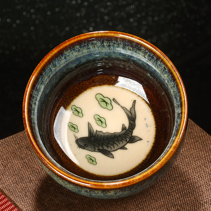 Buddha Stones Lotus Dragon Phoenix Koi Fish Chinese Jianzhan Ceramic Teacup Kung Fu Tea Cup 110ml - Blue - Fish 8cm*4.3cm*110ml - image 7