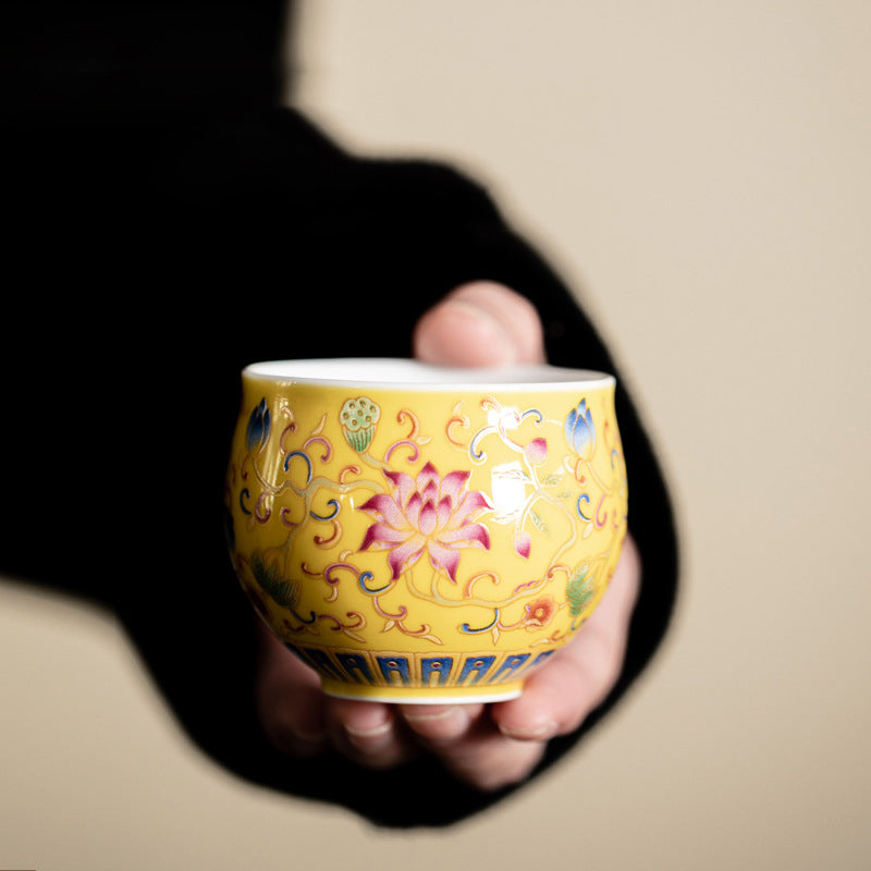 Buddha Stones Lotus Flower Pod Pattern Ceramic Teacup Kung Fu Tea Cup 80ml - Yellow Lotus Cup 6.3cm*4.8cm*80ml - image 1