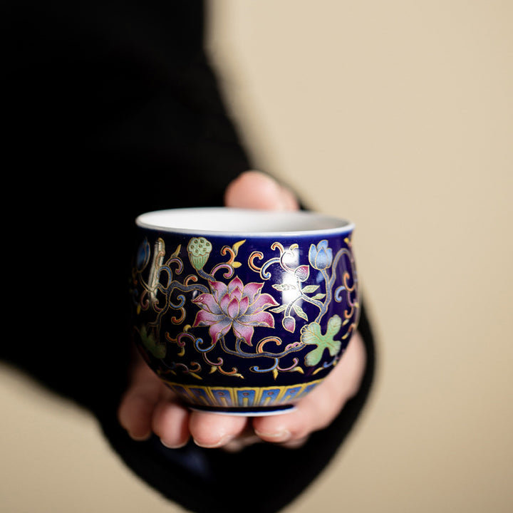 Buddha Stones Lotus Flower Pod Pattern Ceramic Teacup Kung Fu Tea Cup 80ml - Navy Blue Lotus Cup 6.3cm*4.8cm*80ml - image 10