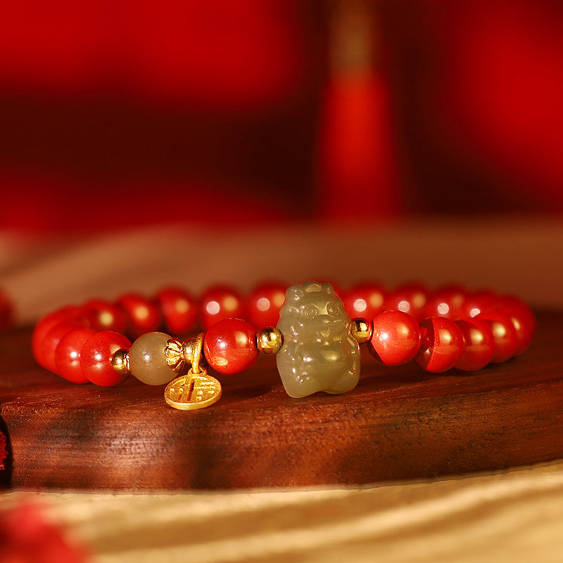 Buddha Stones 925 Sterling Silver Year of the Dragon Natural Cinnabar Hetian Jade Dragon Fu Character Ruyi As One Wishes Charm Blessing Bracelet - image 3