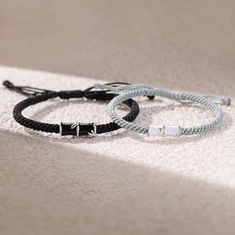 Buddha Stones Bamboo Pattern Healing Couple Rope Bracelet - 2Pcs Black Bamboo(Wrist Circumference 14-20cm)&White Bamboo(Wrist Circumference 14-17cm) - image 0