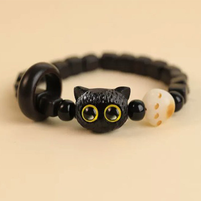 Buddha Stones Cute Ebony Wood Cat Head Pattern Peace Bracelet - Ebony Cat Bodhi Seed(Wrist Circumference 14-16cm) - image 8