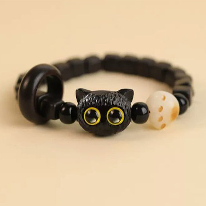 Buddha Stones Cute Ebony Wood Cat Head Pattern Peace Bracelet - Ebony Cat Bodhi Seed(Wrist Circumference 14-16cm) - image 8