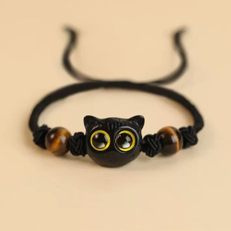 Buddha Stones Cute Ebony Wood Cat Head Pattern Peace Bracelet - Ebony Cat Tiger Eye Rope Bracelet(Wrist Circumference 14-18cm) - image 10