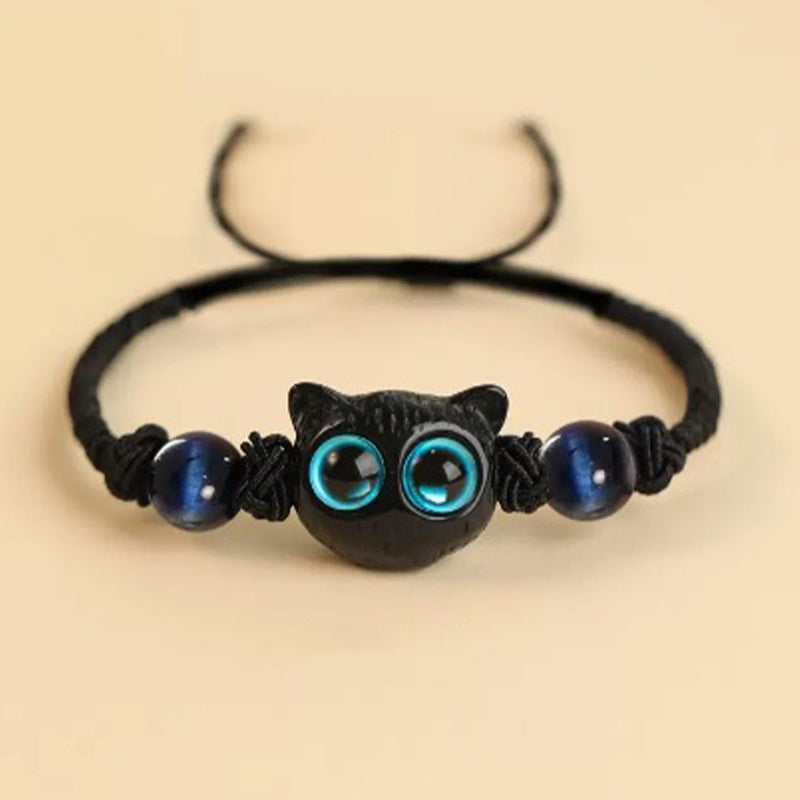 Buddha Stones Cute Ebony Wood Cat Head Pattern Peace Bracelet - Ebony Cat Lazurite Rope Bracelet(Wrist Circumference 14-18cm) - image 13