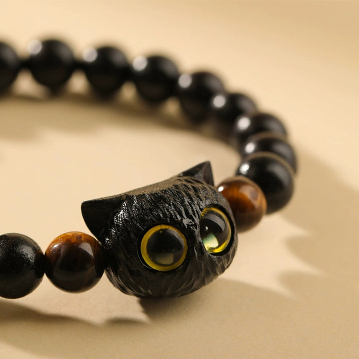 Buddha Stones Cute Ebony Wood Cat Head Pattern Peace Bracelet - image 2
