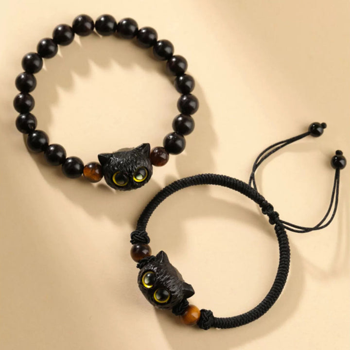 Buddha Stones Cute Ebony Wood Cat Head Pattern Peace Bracelet - image 11
