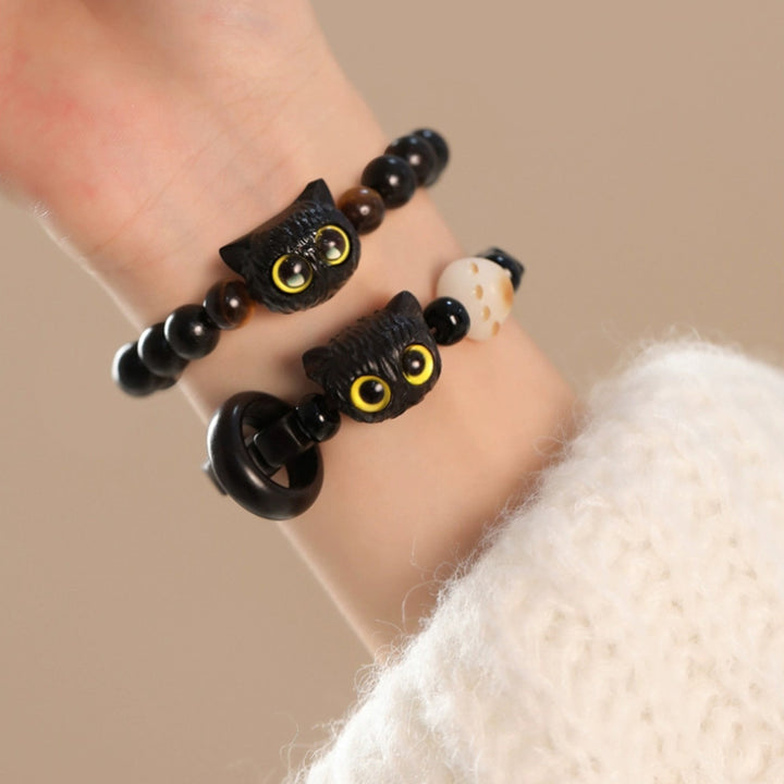 Buddha Stones Cute Ebony Wood Cat Head Pattern Peace Bracelet - image 9