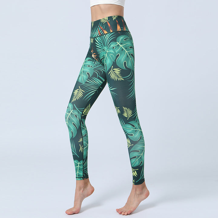 Buddha Stones Leaves Print Pants Sports Fitness Yoga High Waist Leggings Women's Yoga Pants - Green Leaves - US8-10，UK/AU12-14，EU40-42 (XL)  - image 0
