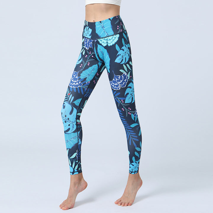 Buddha Stones Leaves Print Pants Sports Fitness Yoga High Waist Leggings Women's Yoga Pants - Blue Leaves - US8-10，UK/AU12-14，EU40-42 (XL)  - image 4
